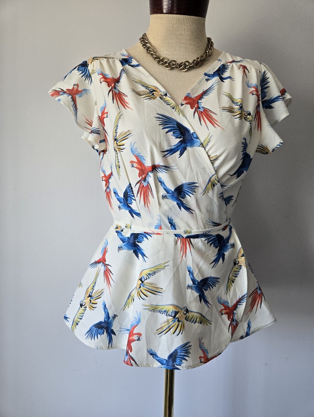 Molly Bracken Parrot-Print Wrap Peplum Top - White/Blue/Red. Size M
